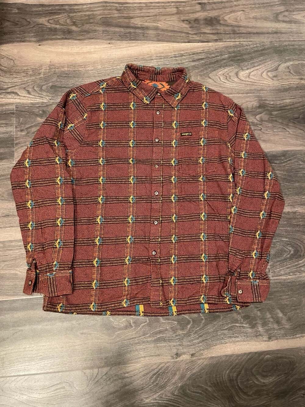 Billabong x Wrangler Mens XL Brown Aztec Plaid Long Sleeve Button-Up Flannel